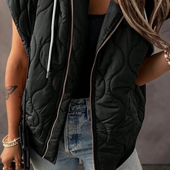 Black Boho Women's Quilted Cozy Warm Free Style Drawstring Hooded Puffer Vest - Picture 2 of 4
